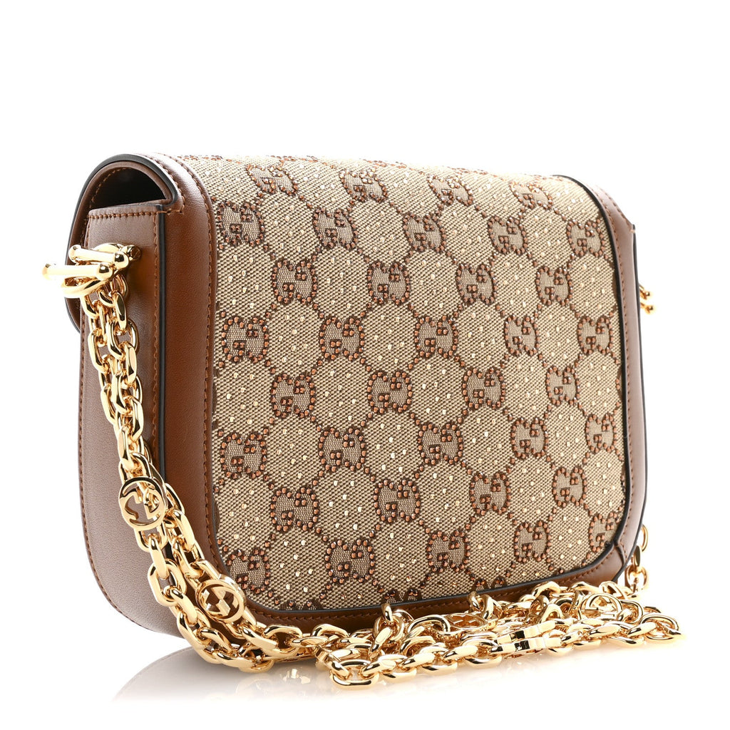 New Canvas Charisma Calfskin Crystal GG Monogram Mini Horsebit 1955 Shoulder Bag Camel Ebony