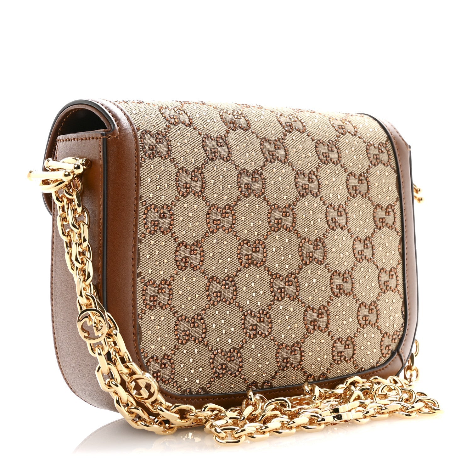 New Canvas Charisma Calfskin Crystal GG Monogram Mini Horsebit 1955 Shoulder Bag Camel Ebony