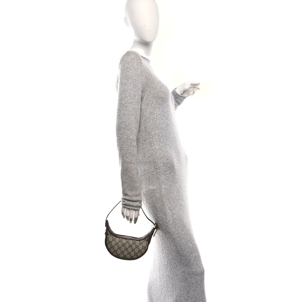 GG Supreme Monogram Textured Calfskin Web Mini Ophidia Half Moon Hobo Beige Ebony New Acero