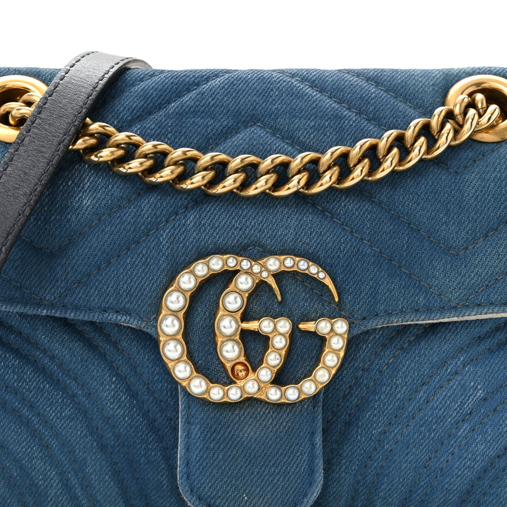 Denim Matelasse Mini Pearly GG Marmont Shoulder Bag Blue