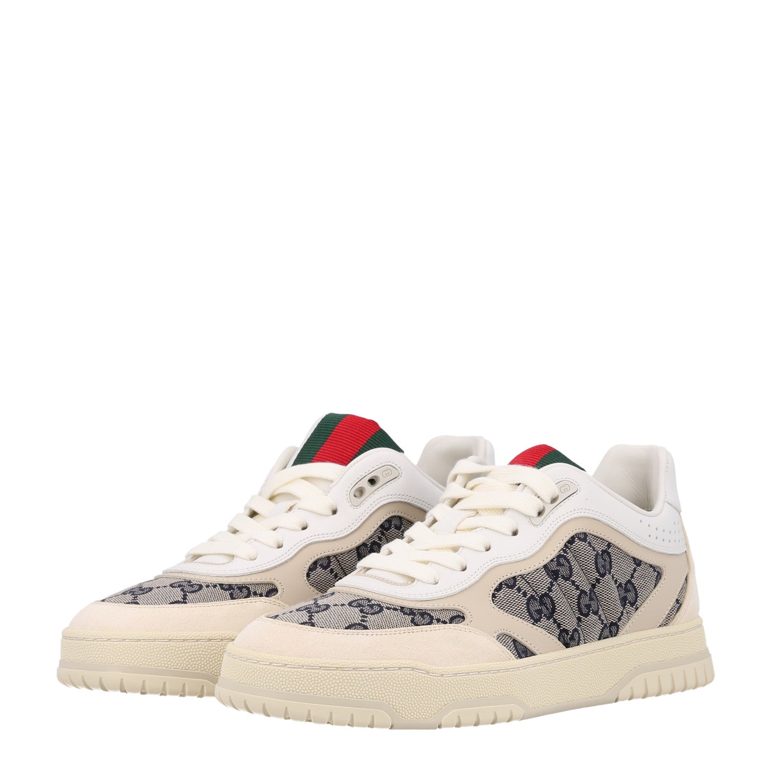 Calfskin Suede GG Monogram Re-Web Womens Sneakers 38.5 White Beige Ebony