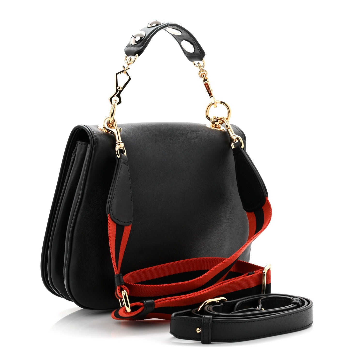 Roxy Calfskin Web Medium Blondie Top Handle Shoulder Flap Bag Black
