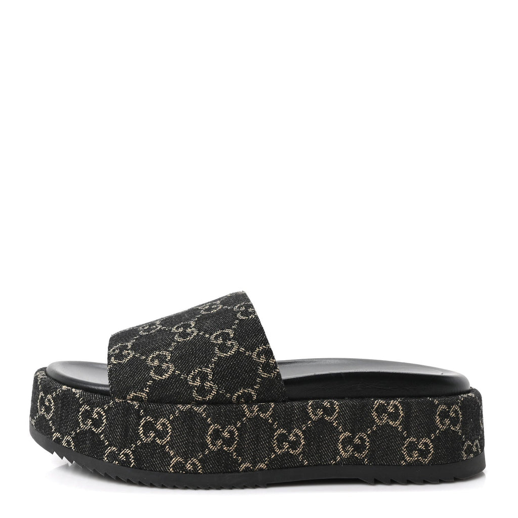 Jacquard Black Denim GG Monogram Angelina Platform 55mm Slide Sandals 39.5 Black Ivory