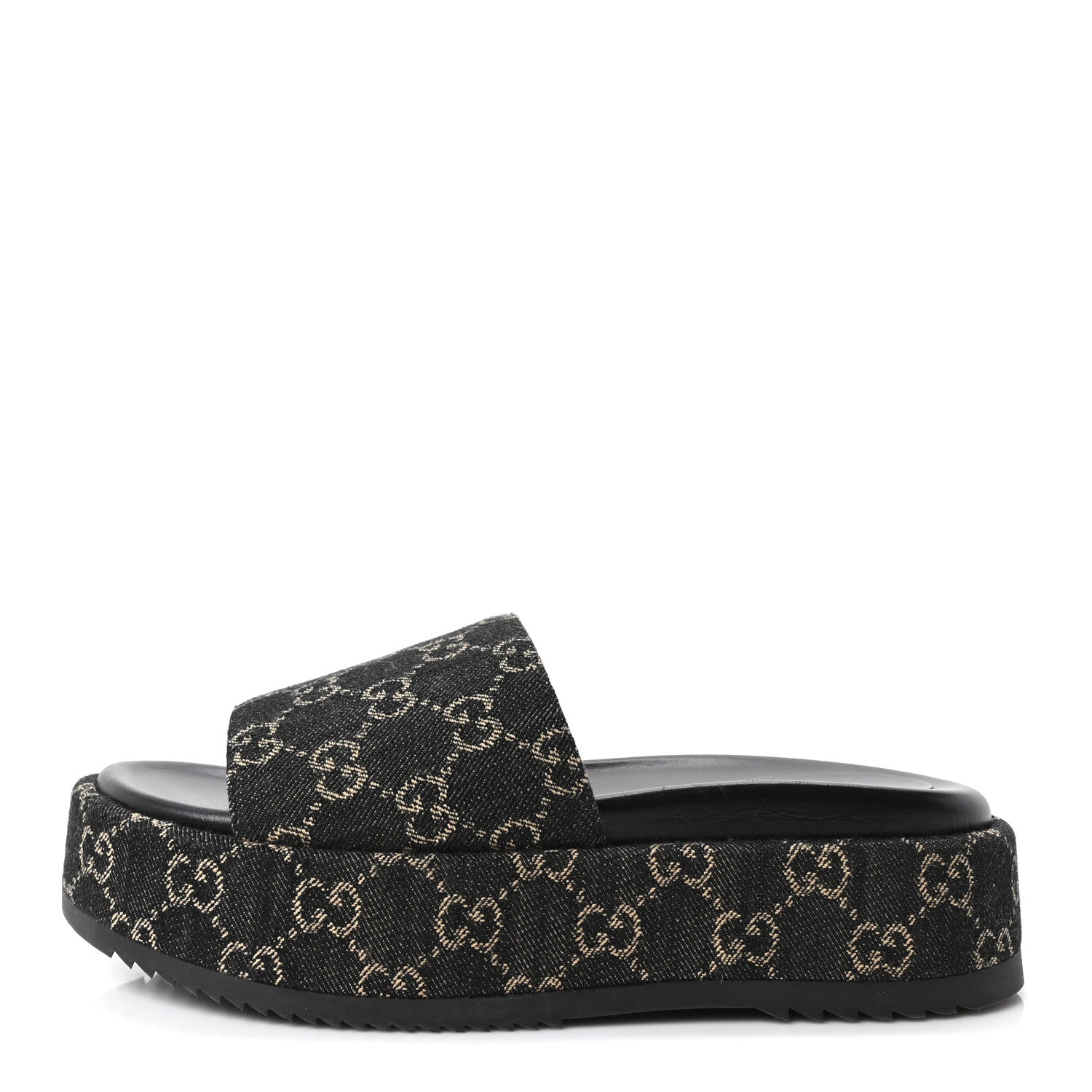 Jacquard Black Denim GG Monogram Angelina Platform 55mm Slide Sandals 39.5 Black Ivory
