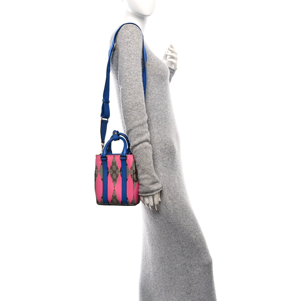 GG Supreme Monogram Textured Dollar Calfskin Rhombus Mini Tote Bag Beige Ebony Pink Blue