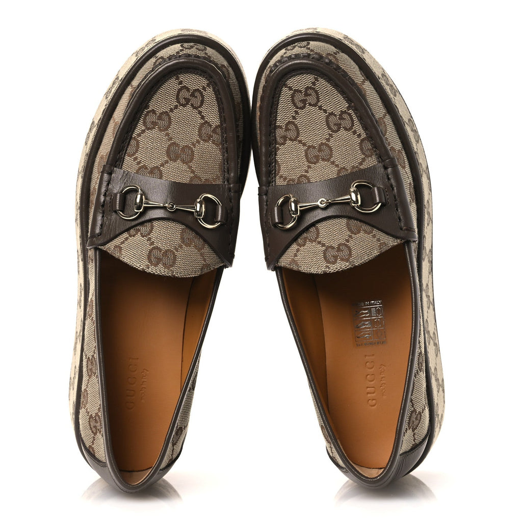 Monogram Horsebit Calfskin Womens Horsebit Wedge Platform Loafers 37 Beige Ebony