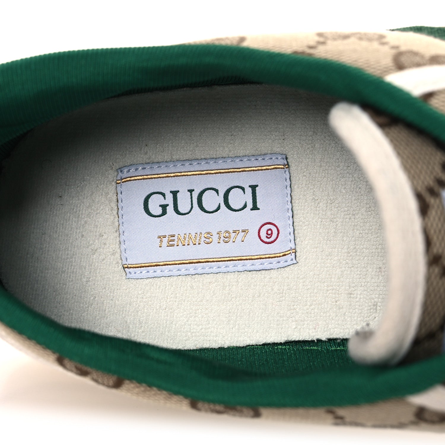 GG Monogram Web Mens 1977 Tennis Sneakers 9 Beige Ebony Mystic White Vert