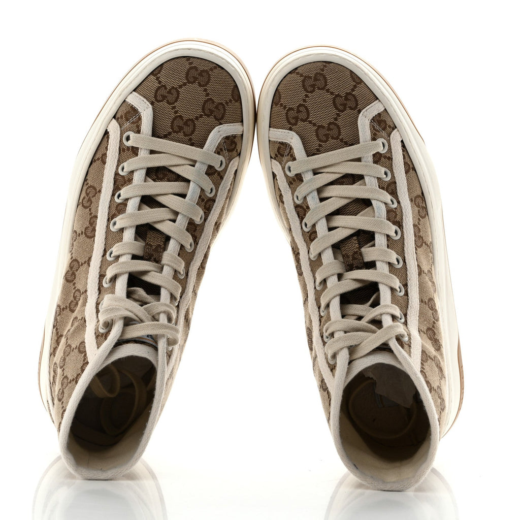 New Canvas GG Monogram Womens Tennis 1977 High Top 55mm Platform Sneakers 38.5 Beige Ebony Mystic White