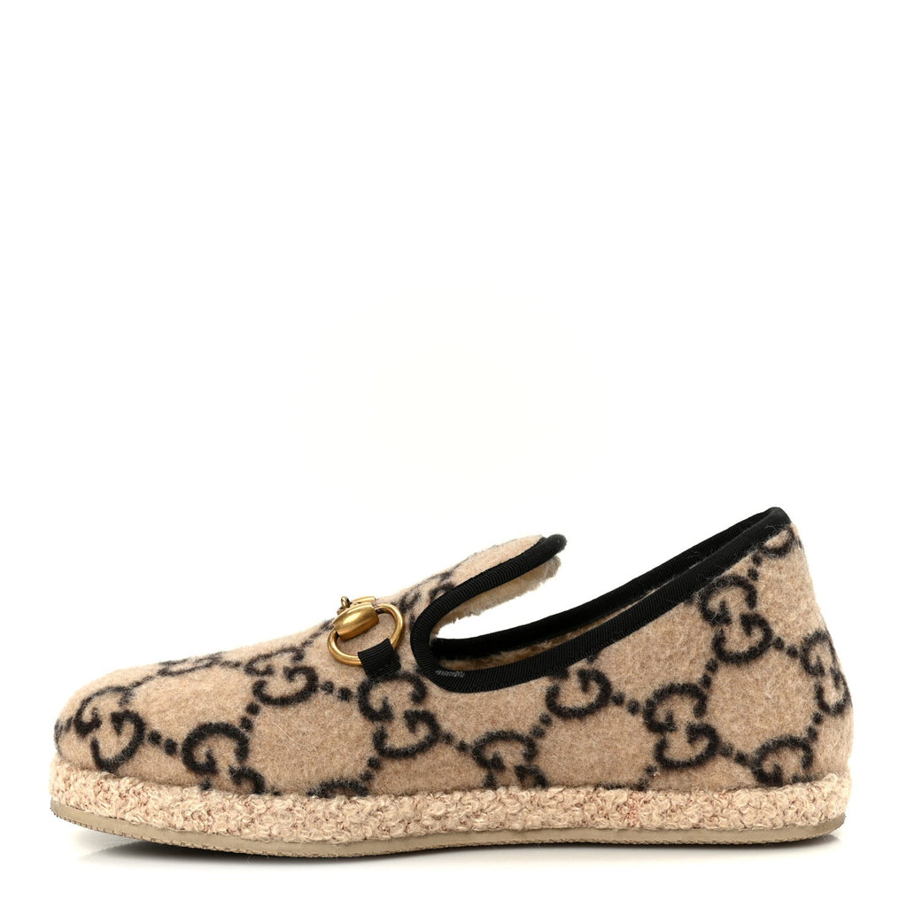Covered Wool GG Monogram Womens Fria Horsebit Loafers 35.5 Beige Ebony Black Butterscotch