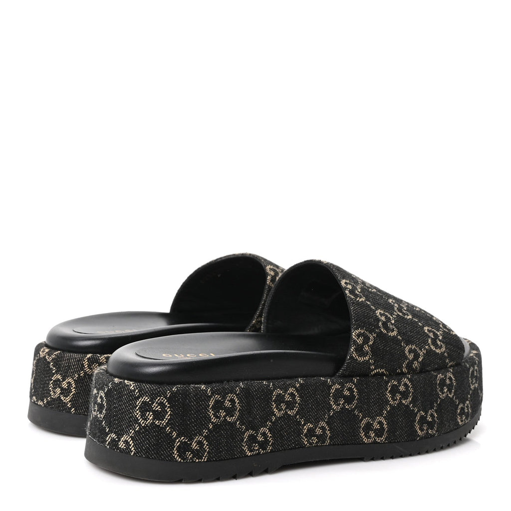 Jacquard Black Denim GG Monogram Angelina Platform 55mm Slide Sandals 39.5 Black Ivory