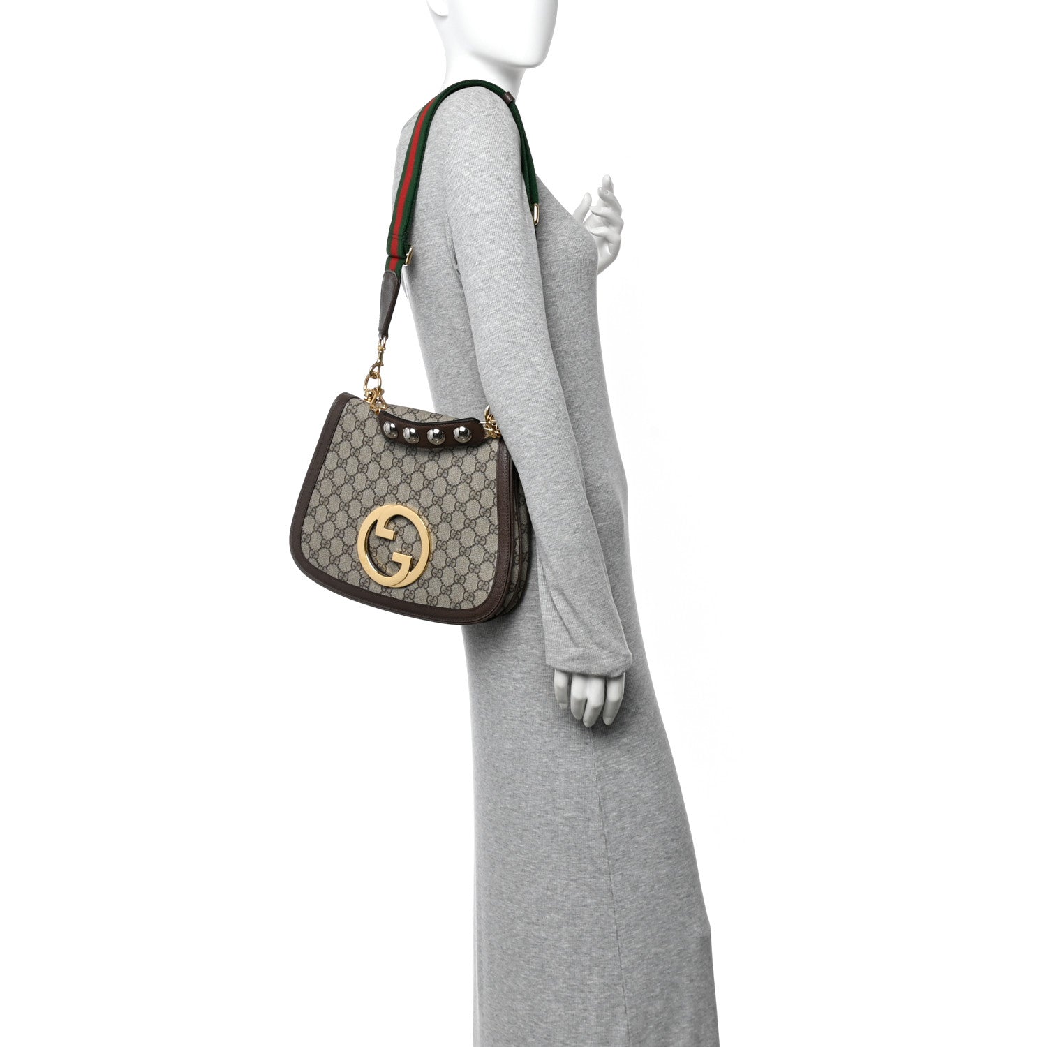 GG Supreme Monogram Textured Dollar Calfskin Web Medium Blondie Top Handle Shoulder Flap Bag Beige Ebony New Acero