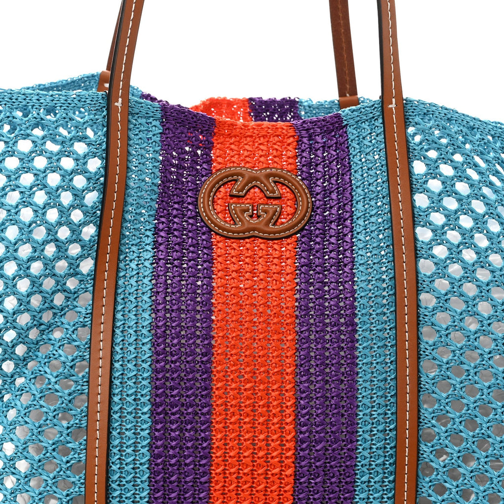 Raffia Web Woven Interlocking G Tote Blue Multicolor