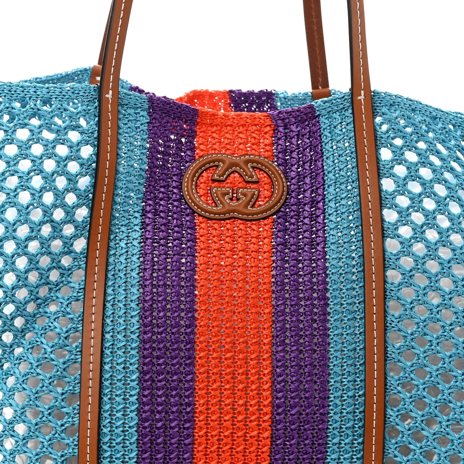Raffia Web Woven Interlocking G Tote Blue Multicolor
