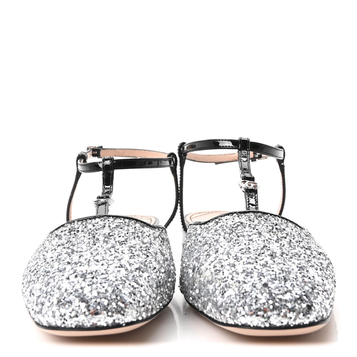 Calfskin Glitter Double G Slingback Flats 37 Silver Black