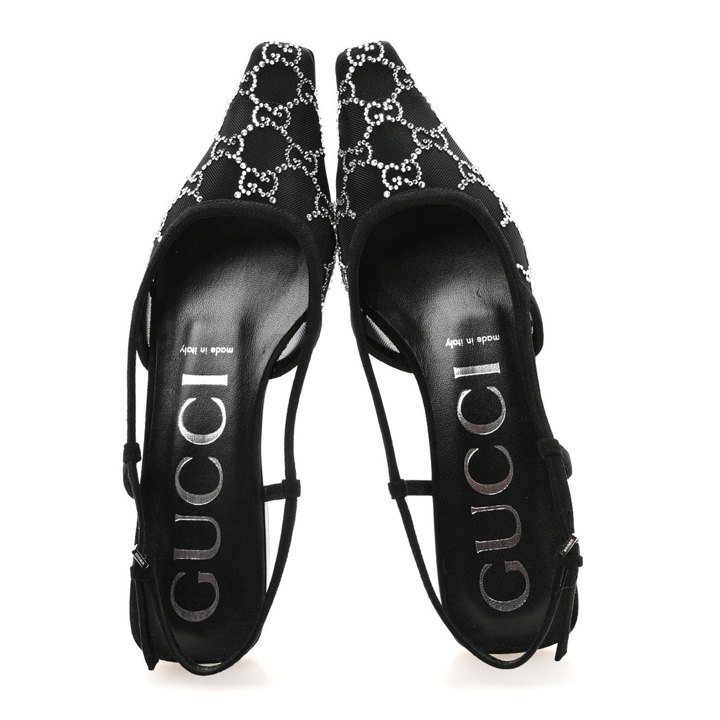 Tela Retino Kid Scamosciato Crystal GG Monogram Square G Slingback Flat 37 Black