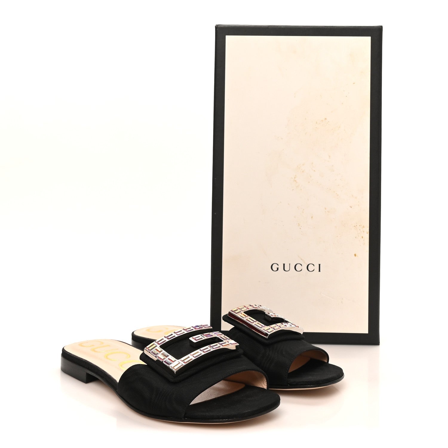 Moire Fabric Crystal Square G Madelyn Slide Sandals 35 Black