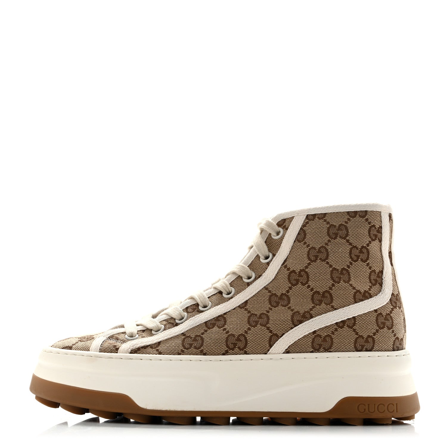 New Canvas GG Monogram Womens Tennis 1977 High Top 55mm Platform Sneakers 38.5 Beige Ebony Mystic White