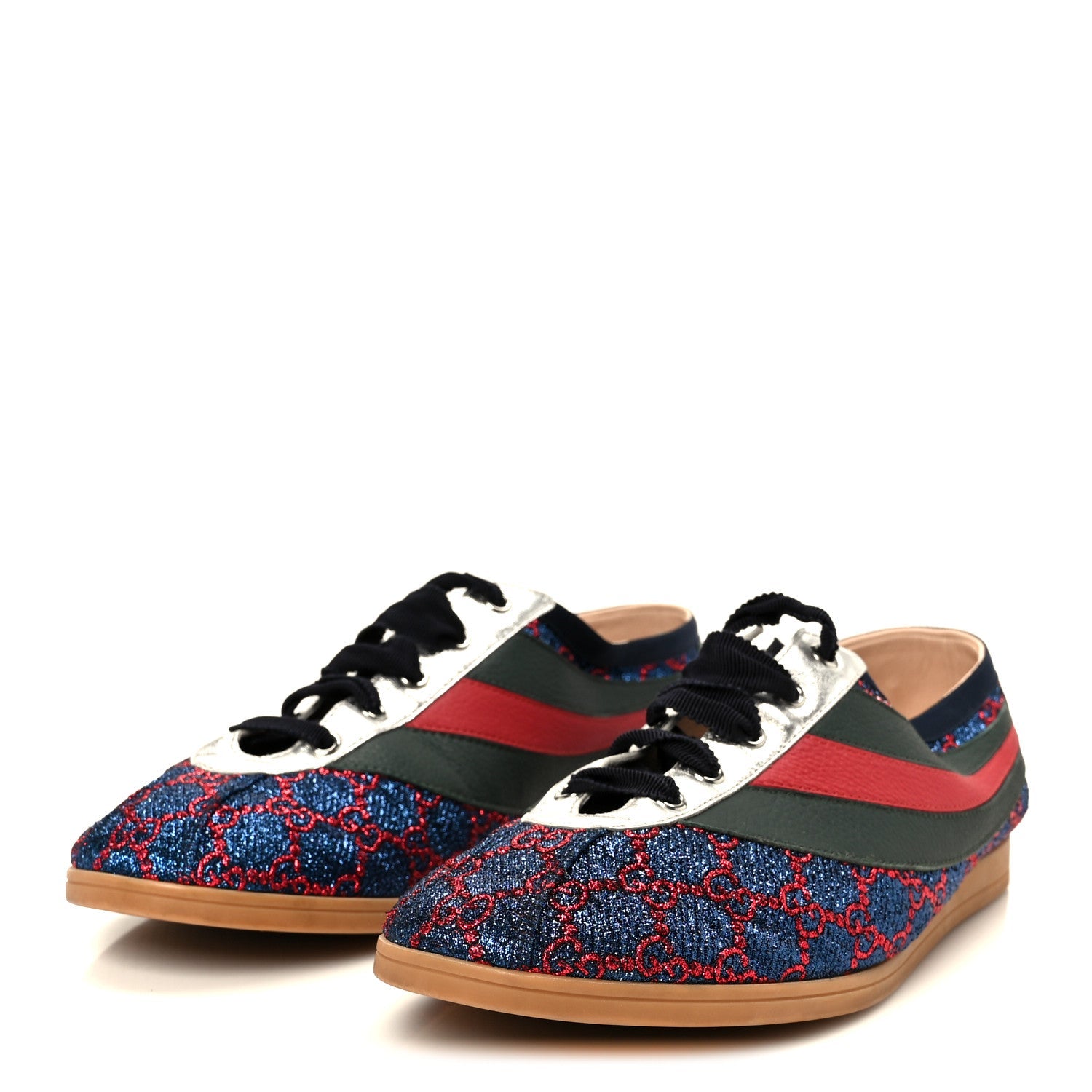 Lurex Calfskin Web GG Monogram Mens Falacer Sneakers 9 Iridescent Blue Iridescent Red Silver