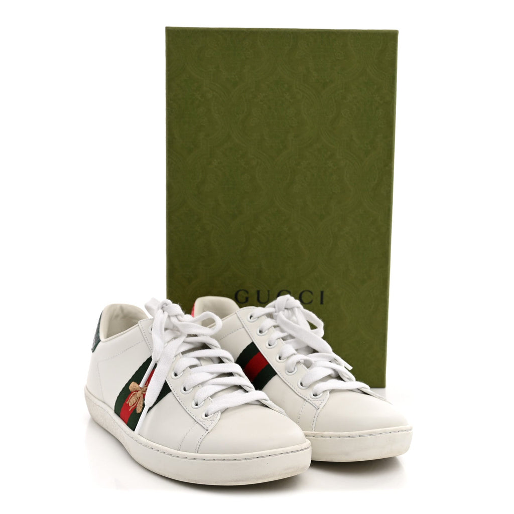 Calfskin Ayers Bee Embroidered Womens Ace Sneakers 37 White Green
