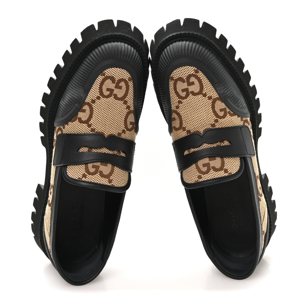 Monogram Jumbo GG Miro Soft Calfskin Mens Lug Sole Loafers 9 Camel Ebony Black