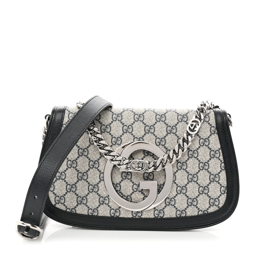 GG Supreme Monogram Textured Dollar Calfskin Blondie Chain Shoulder Flap Bag Beige Blue
