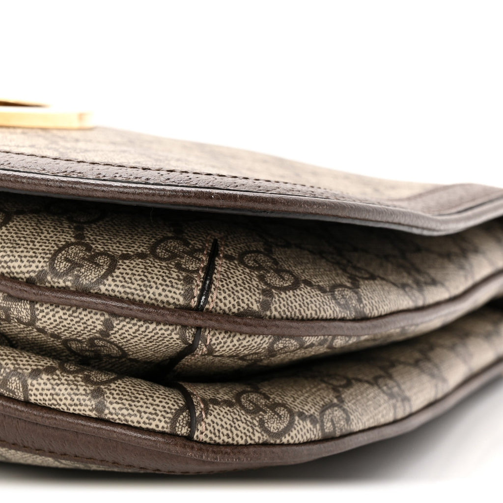 GG Supreme Monogram Textured Dollar Calfskin Web Medium Blondie Top Handle Shoulder Flap Bag Beige Ebony New Acero