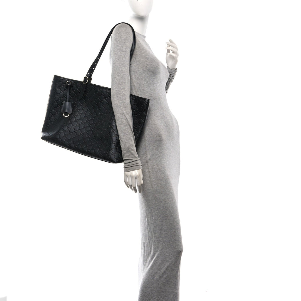 GG Calfskin Embossed Emblem Large Tote Bag Black