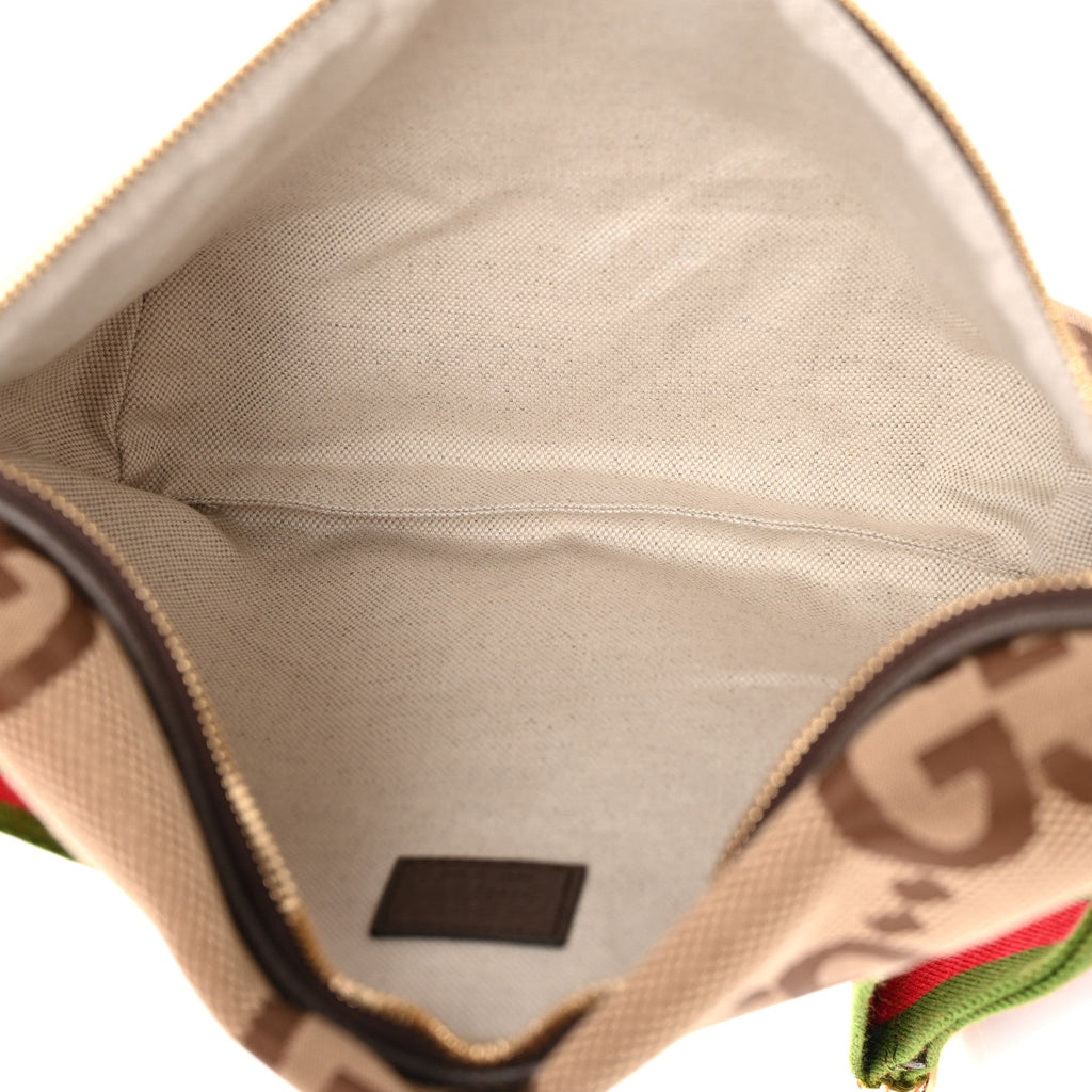 Monogram Jumbo GG Textured Dollar Calfskin Web Belt Bag Camel Ebony New Acero