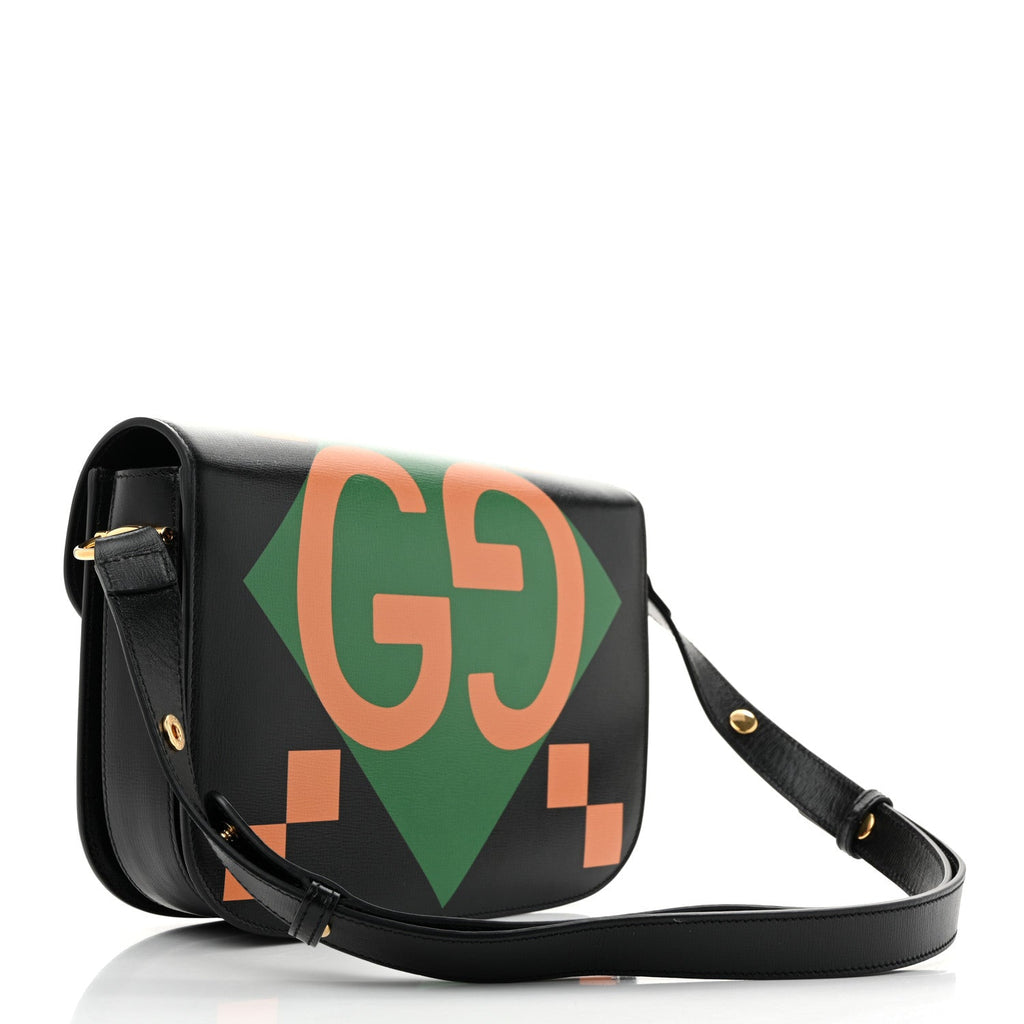 Textured Calfskin Geometric Print Horsebit 1955 Shoulder Bag Black Multicolor