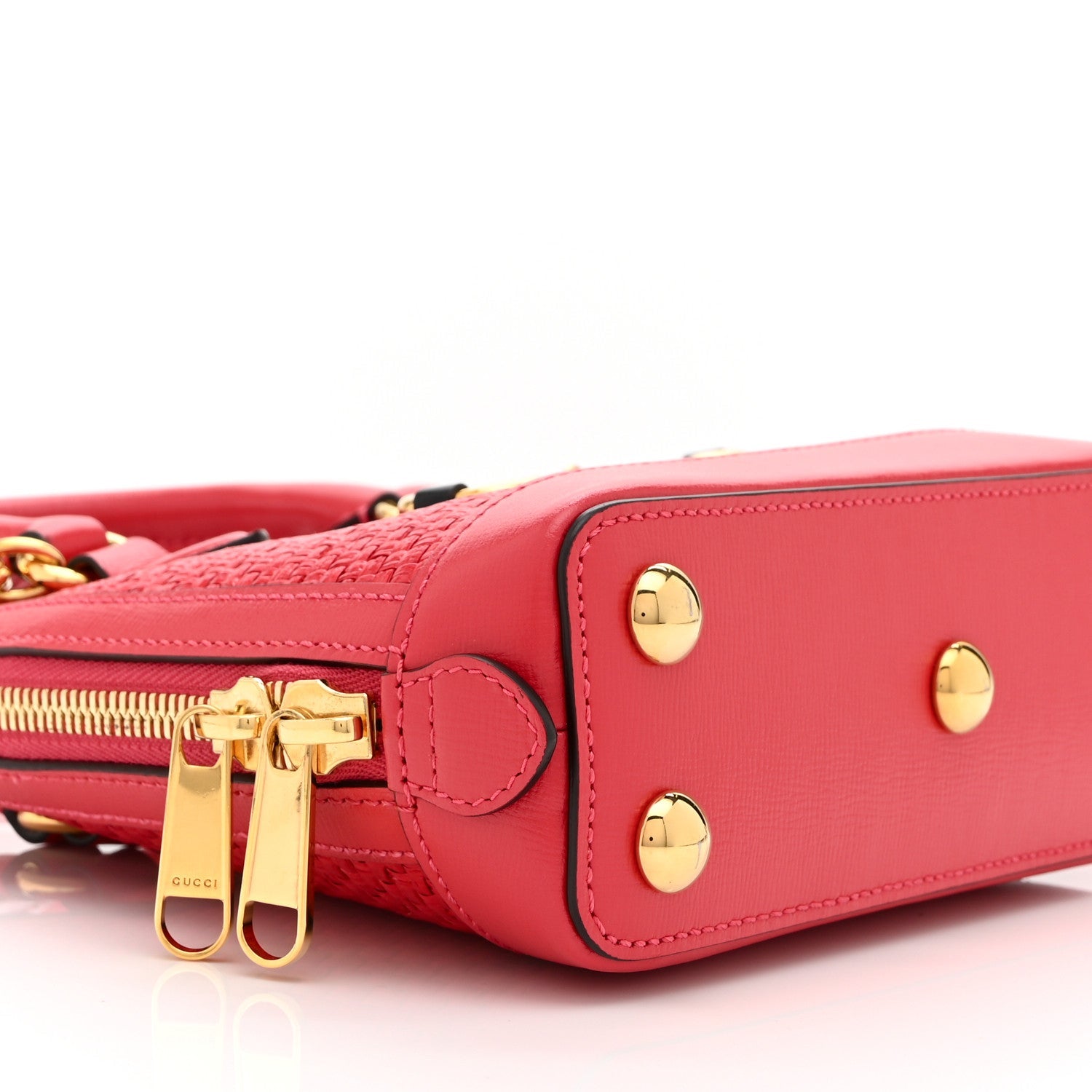 Straw Azalea Calfskin Woven Mini Horsebit 1955 Top Handle Bag Coral Wave Black
