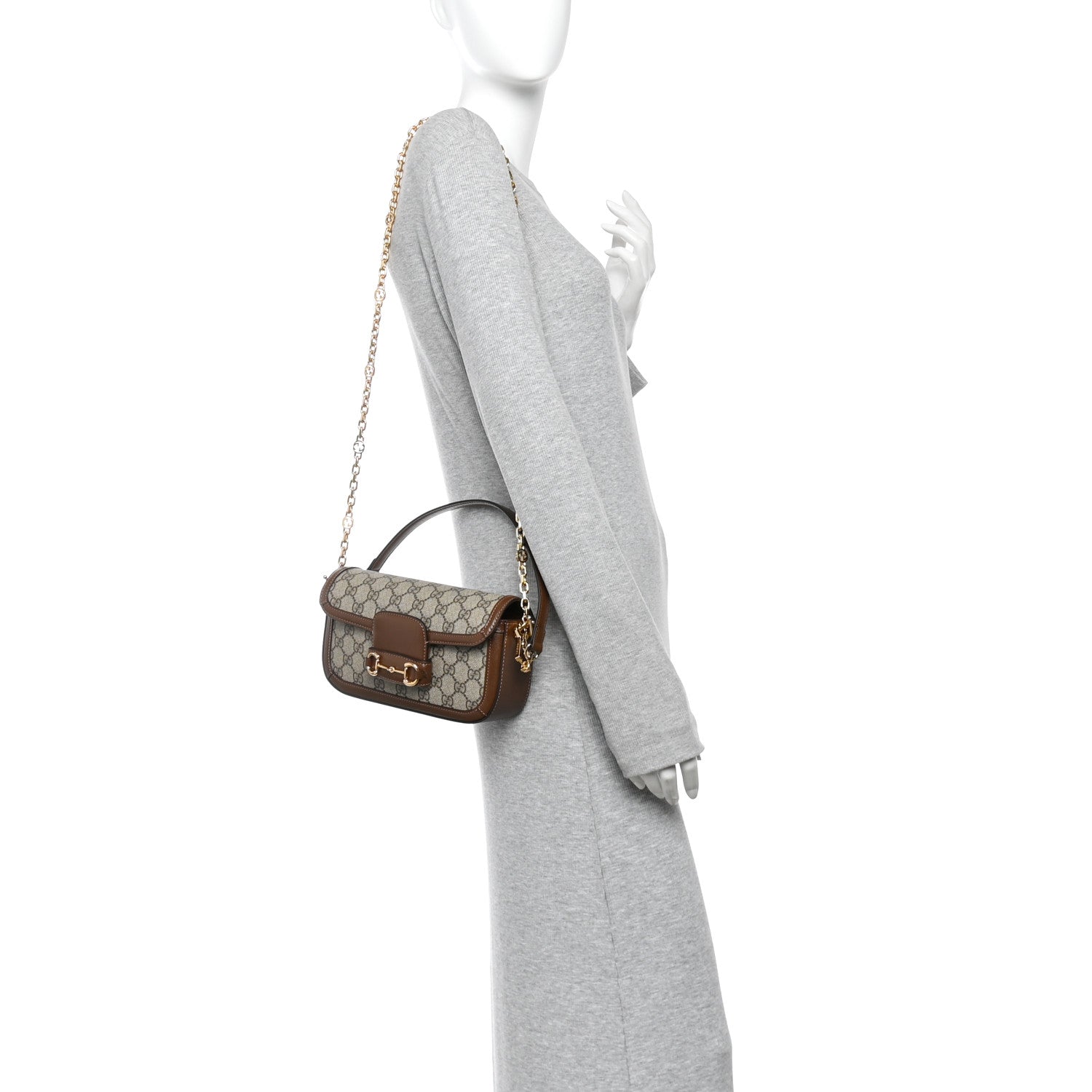 GG Supreme Monogram Small Horsebit 1955 Chain Shoulder Bag Beige Ebony Brown Sugar