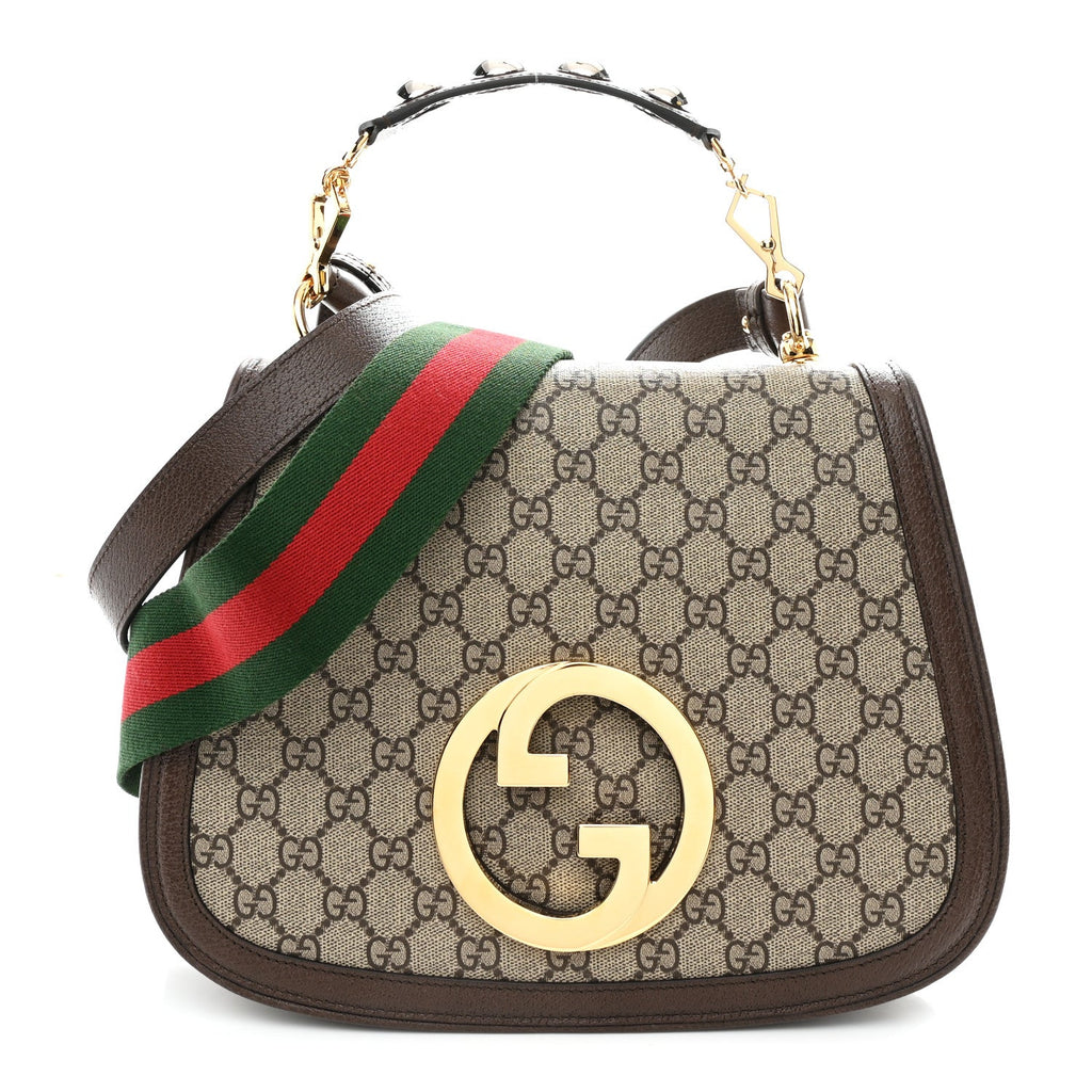 GG Supreme Monogram Textured Dollar Calfskin Web Medium Blondie Top Handle Shoulder Flap Bag Beige Ebony New Acero