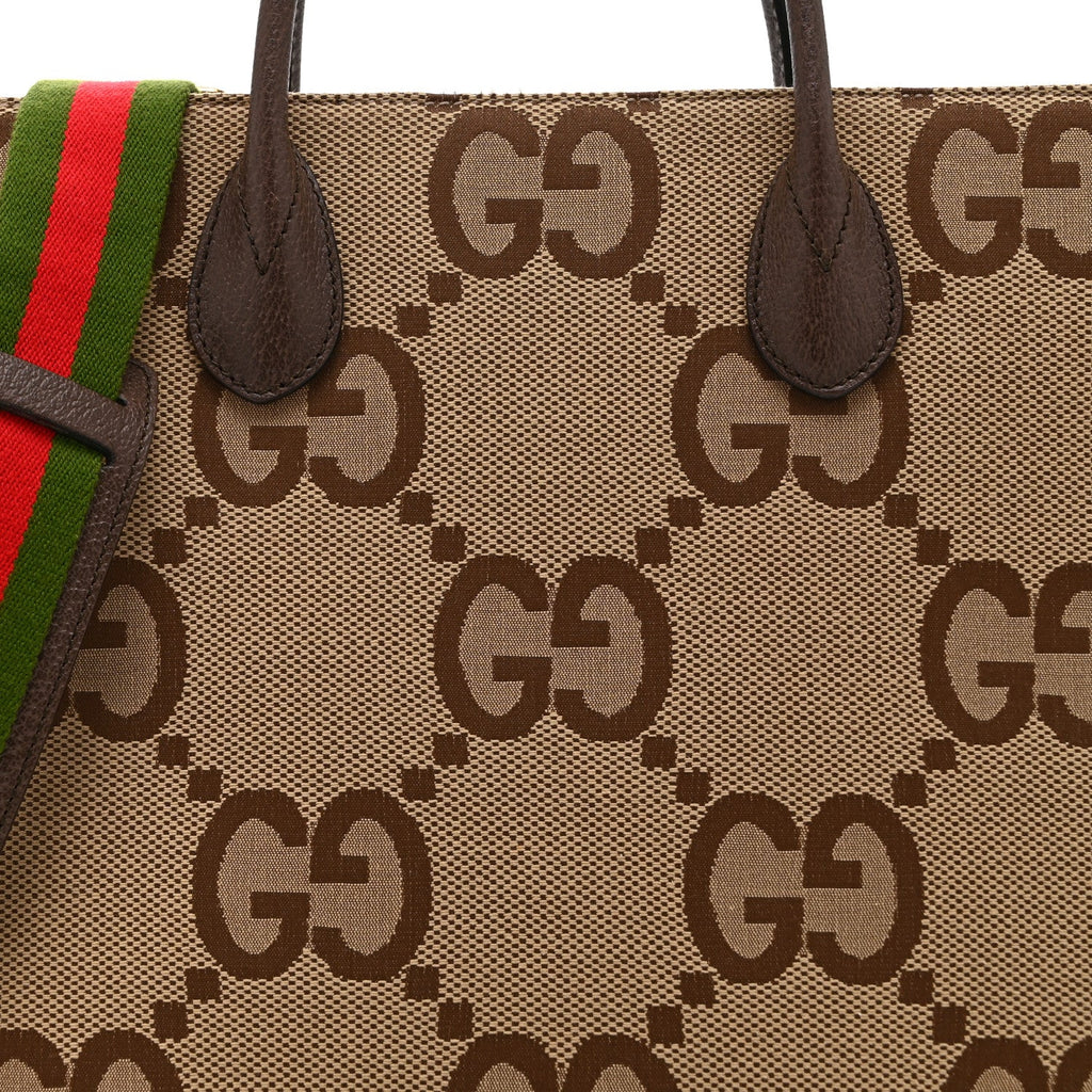 Monogram Jumbo GG Textured Dollar Calfskin Web Tote Bag Camel Ebony New Acero