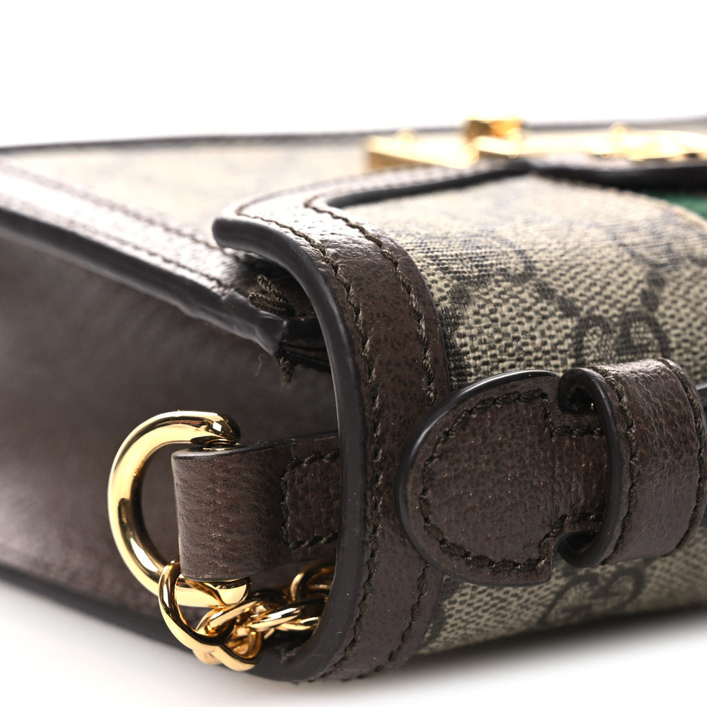 GG Supreme Monogram Textured Dollar Calfskin Web Mini Ophidia Padlock Top Handle Chain Shoulder Bag Beige Ebony New Acero