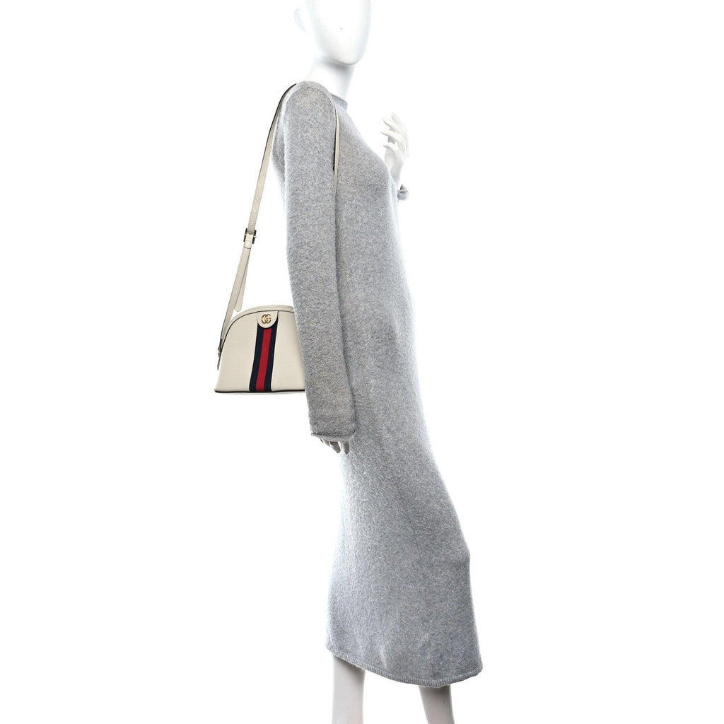 Textured Dollar Calfskin Web Small Ophidia Dome Shoulder Bag Mystic White