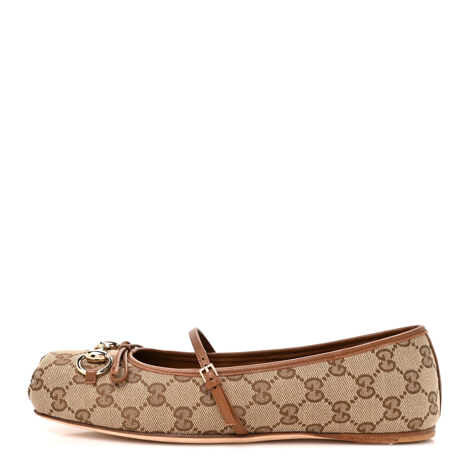 GG Monogram Horsebit Bow Ballet Flats 39.5 Beige Ebony Sundial