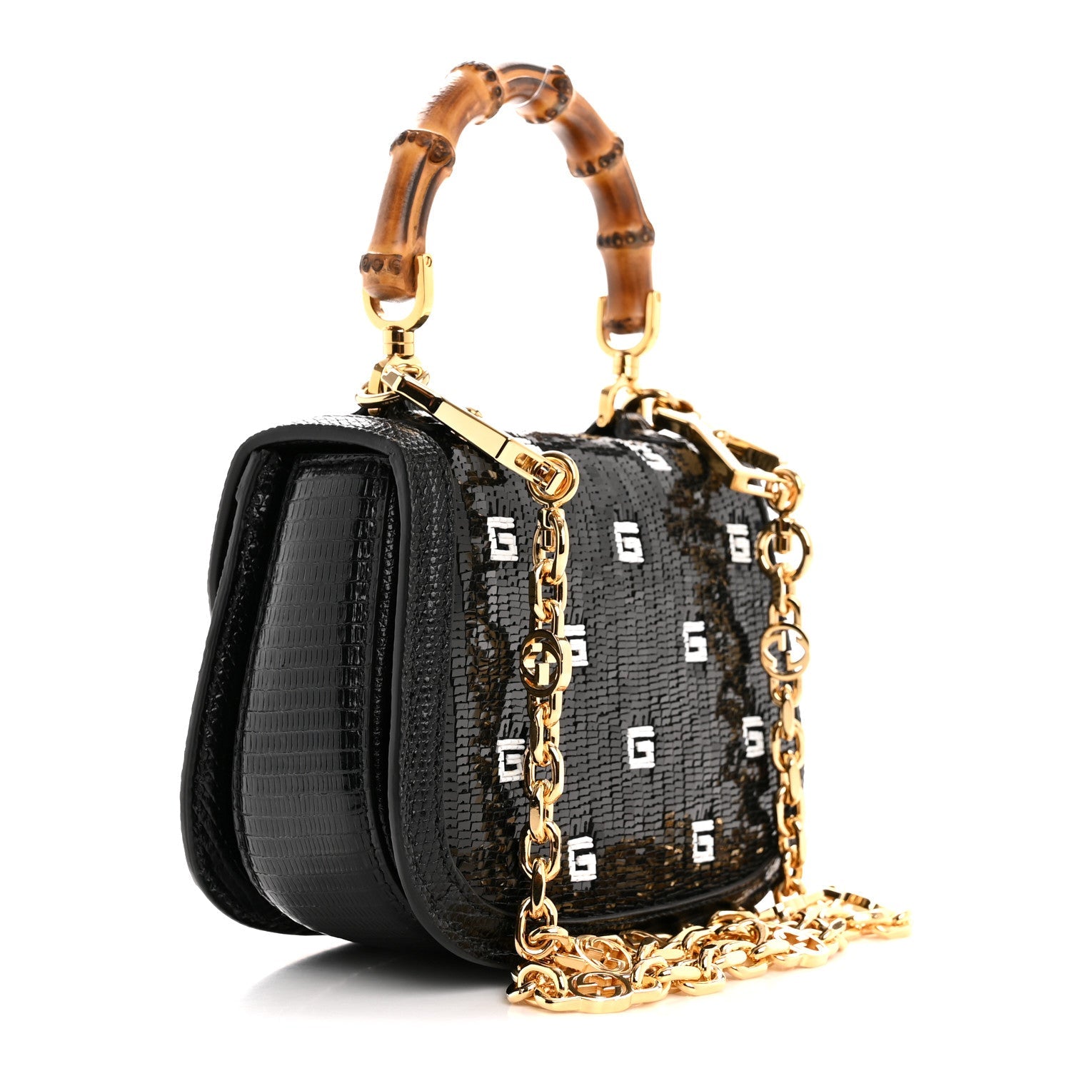 Sequin Lizard Embossed GG Mini Bamboo 1947 Top Handle Chain Bag Black White
