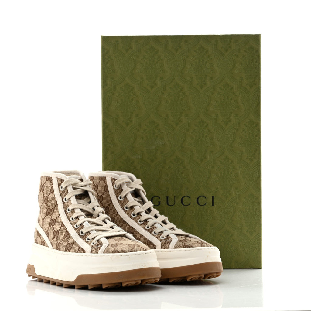 New Canvas GG Monogram Womens Tennis 1977 High Top 55mm Platform Sneakers 38.5 Beige Ebony Mystic White
