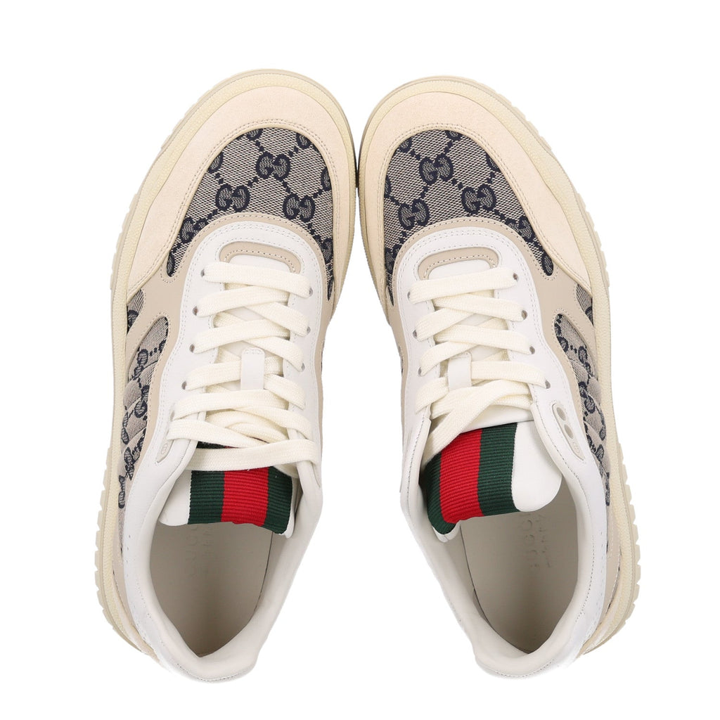 Calfskin Suede GG Monogram Re-Web Womens Sneakers 38.5 White Beige Ebony