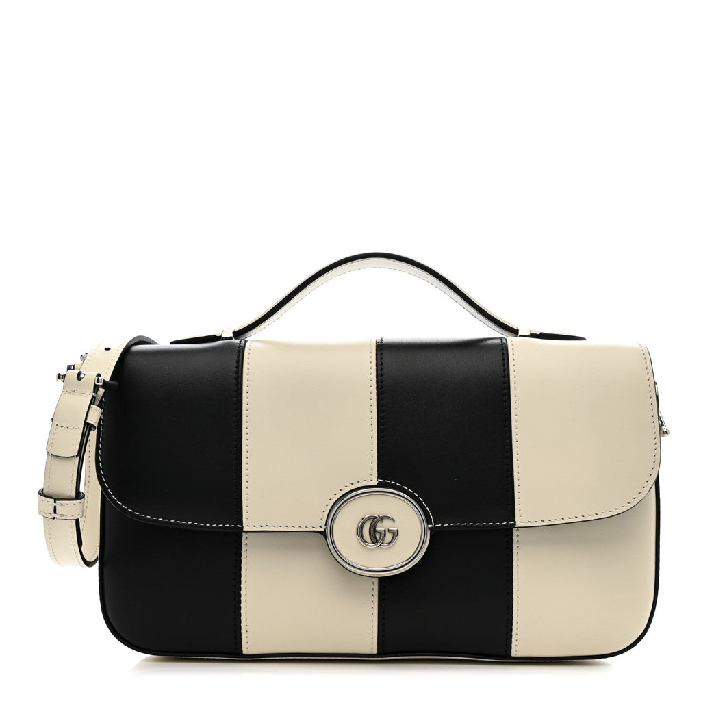 Senna Calfskin Lines Petite GG Top Handle Shoulder Bag Black Mystic White