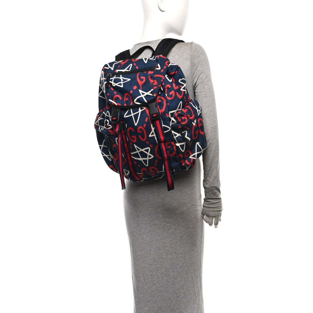 Techno Canvas GucciGhost Double Buckle Backpack Blue Agata Hibiscus Red