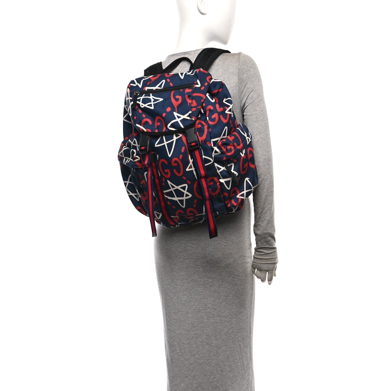 Techno Canvas GucciGhost Double Buckle Backpack Blue Agata Hibiscus Red
