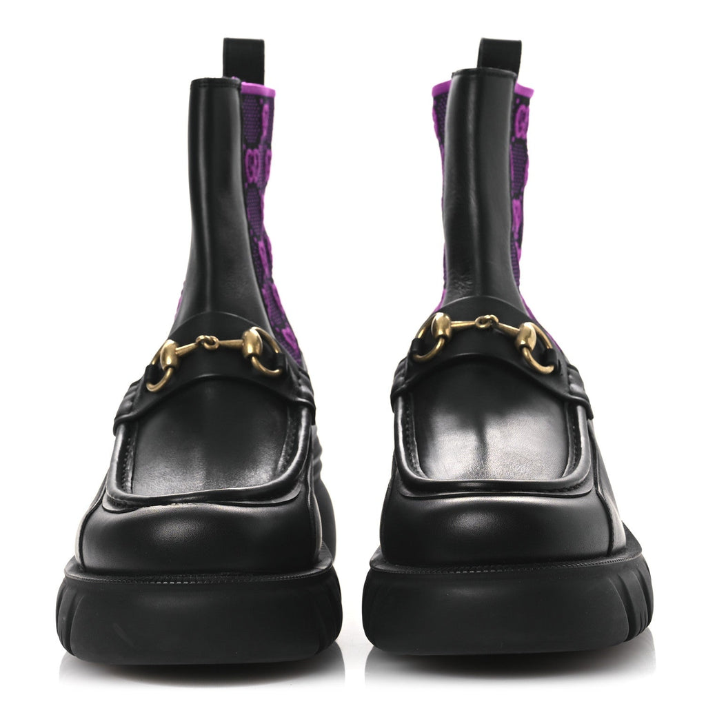 Quebec Calfskin Technical Jersey Knit GG Monogram Horsebit Ankle Boots 42 Black Fucsia