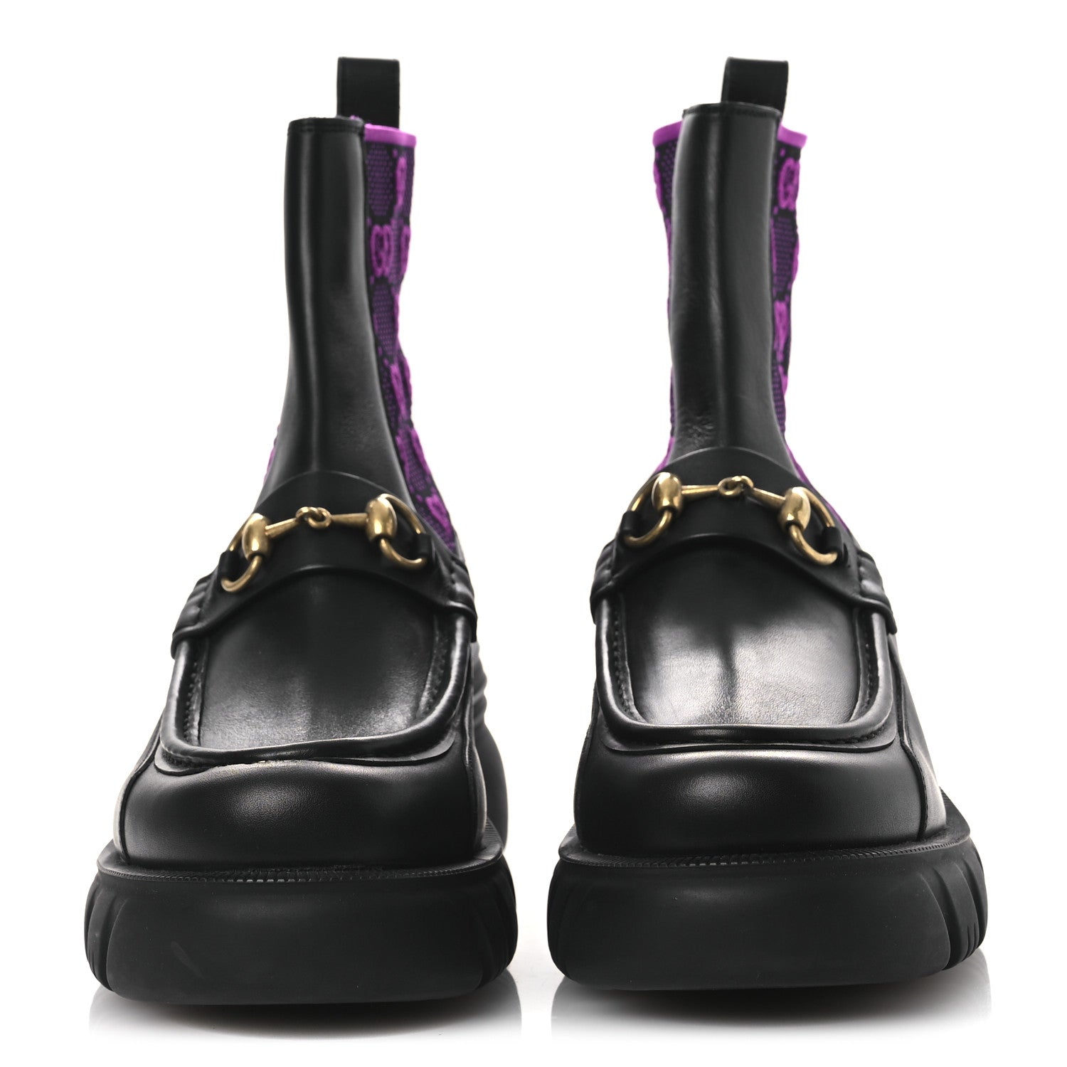 Quebec Calfskin Technical Jersey Knit GG Monogram Horsebit Ankle Boots 42 Black Fucsia