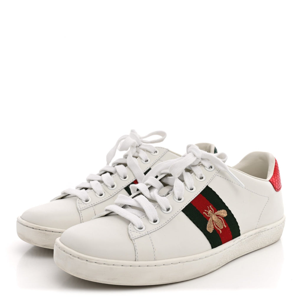Calfskin Ayers Bee Embroidered Womens Ace Sneakers 37 White Green