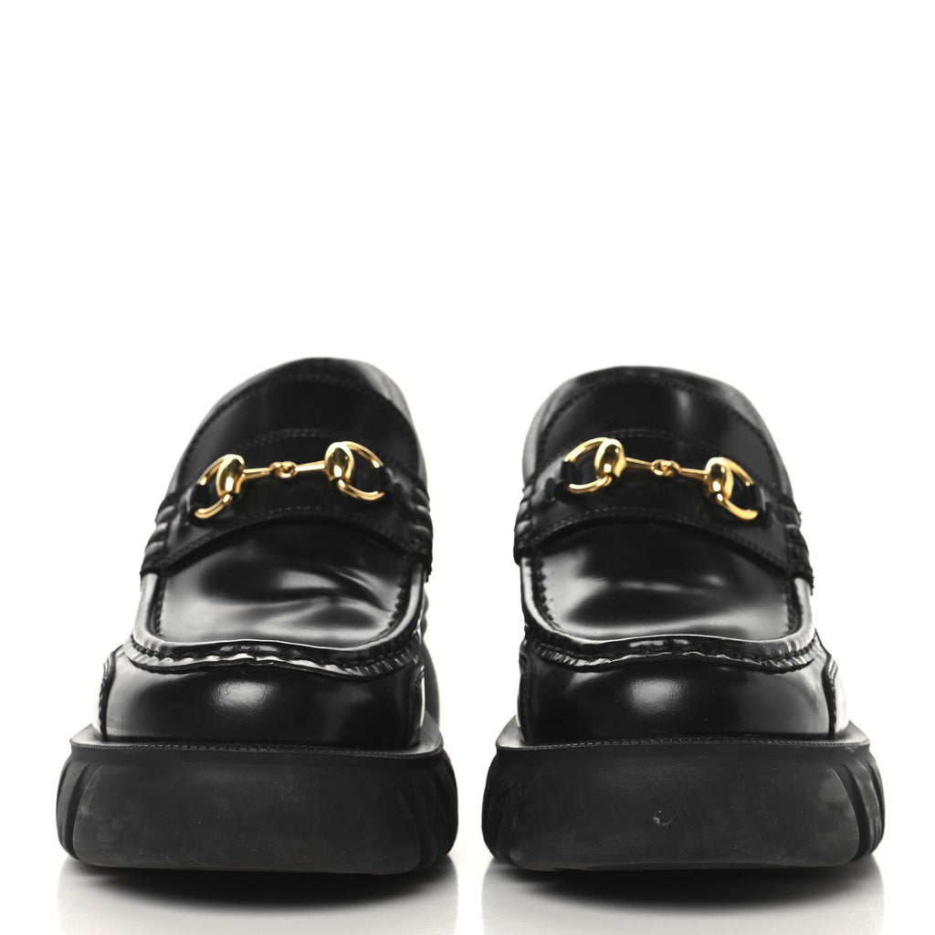 Magnum Calfskin Nappa Samoa Womens Horsebit Platform Chunky Lug Sole 40mm Loafers 38.5  Black