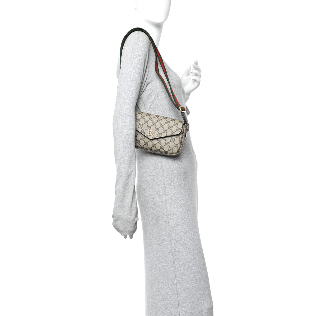 GG Supreme Monogram Textured Dollar Calfskin Web Mini Ophidia Envelope Shoulder Bag Beige Ebony New Acero