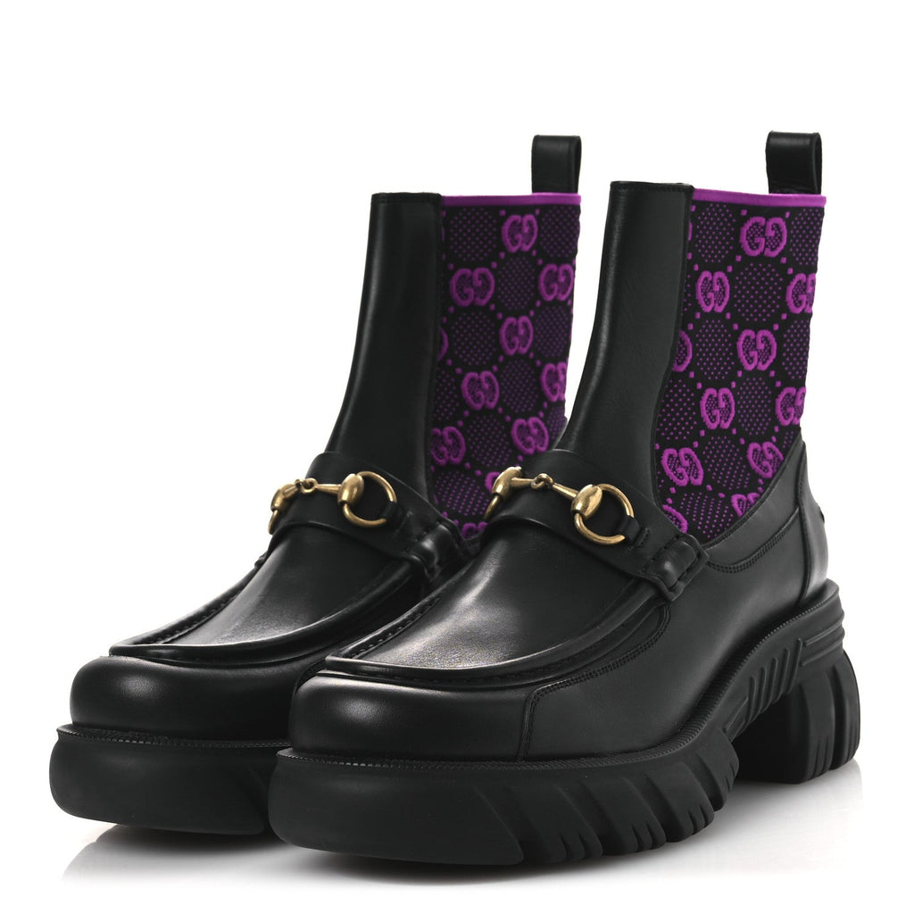 Quebec Calfskin Technical Jersey Knit GG Monogram Horsebit Ankle Boots 42 Black Fucsia