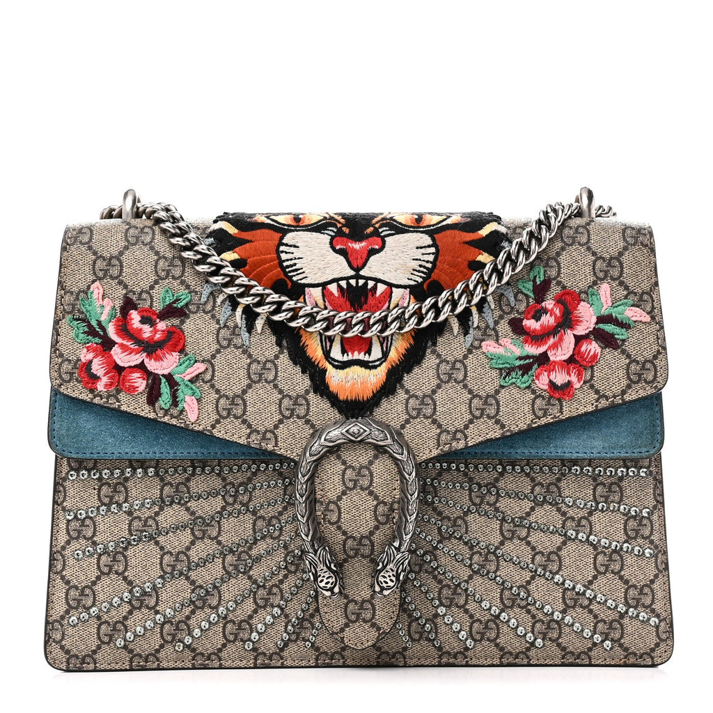 GG Supreme Monogram Angry Cat Embroidered Medium Dionysus Shoulder Bag Beige Ultramarine