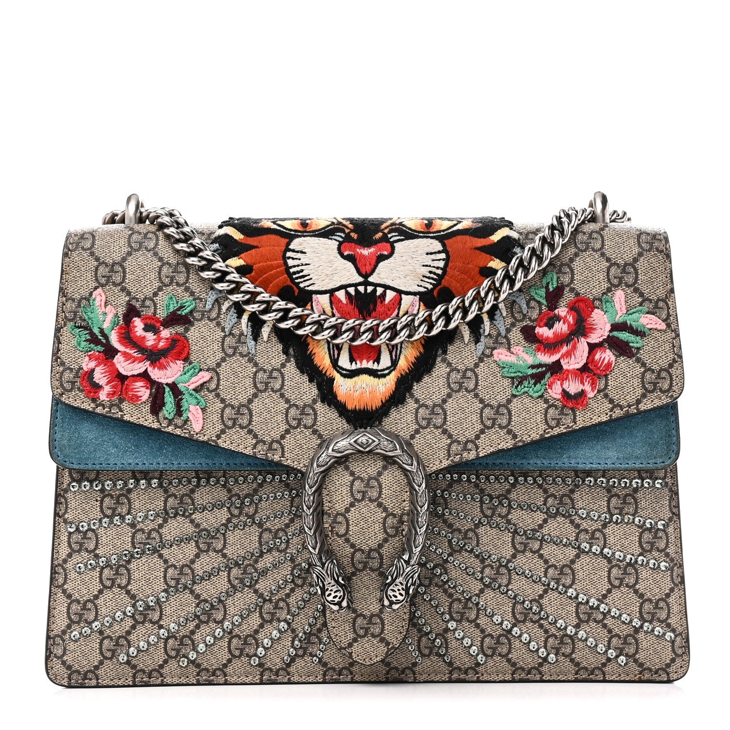 GG Supreme Monogram Angry Cat Embroidered Medium Dionysus Shoulder Bag Beige Ultramarine